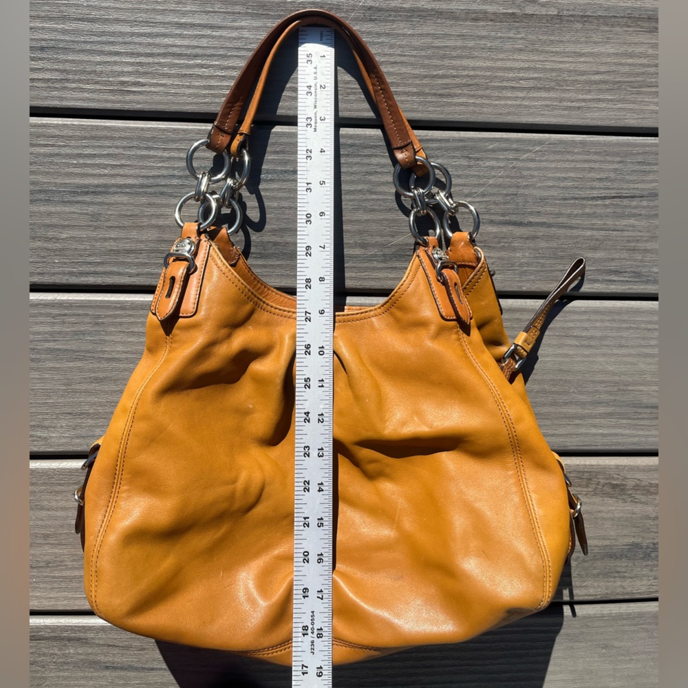 Coach; Golden Brown Leather Hobo Bag; 3 Section; Burgundy Interior; Duel Handles - Picture 3 of 16